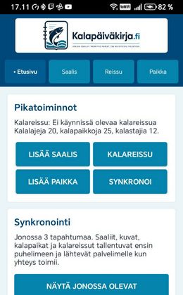 Kalapäiväkirjan mobiilisovelluksen etusivu